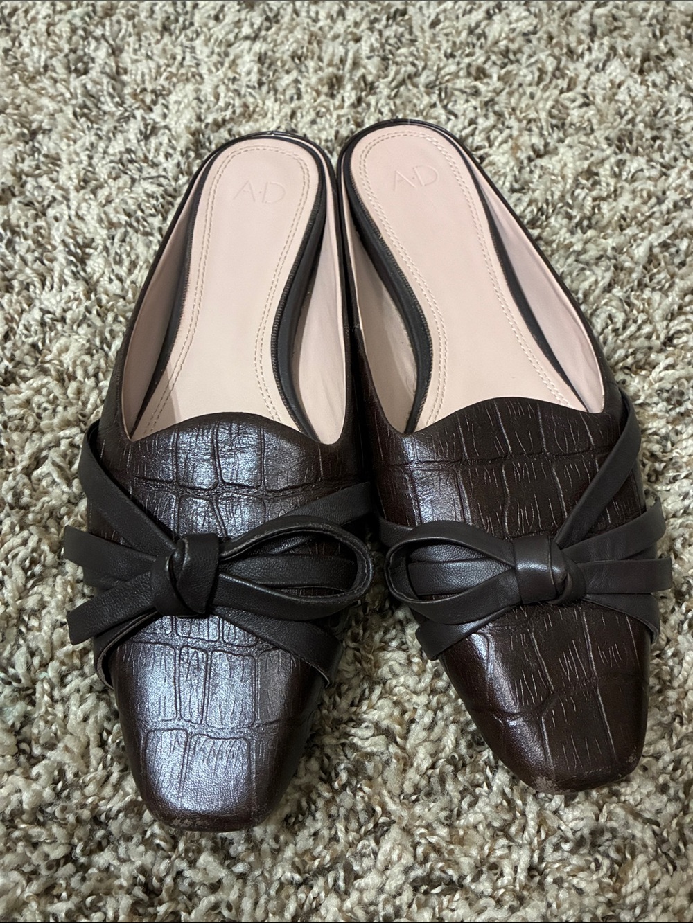 AD Croc-Embossed Dark Brown Leather Bow Mules